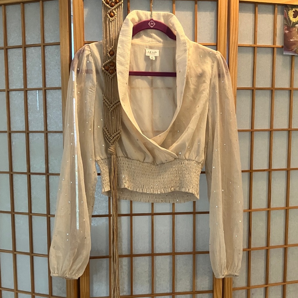 Le Lis M Cream Sheer Faux Wrap Blouse Celestial Stars Moons Galaxy Starry Night